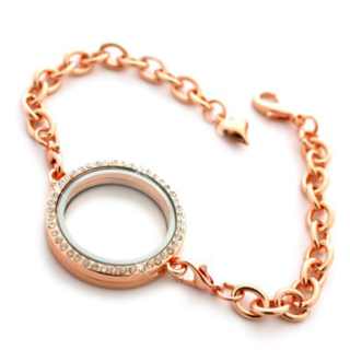 Rose Gold Medium Round Living Locket Bracelet with Crystals